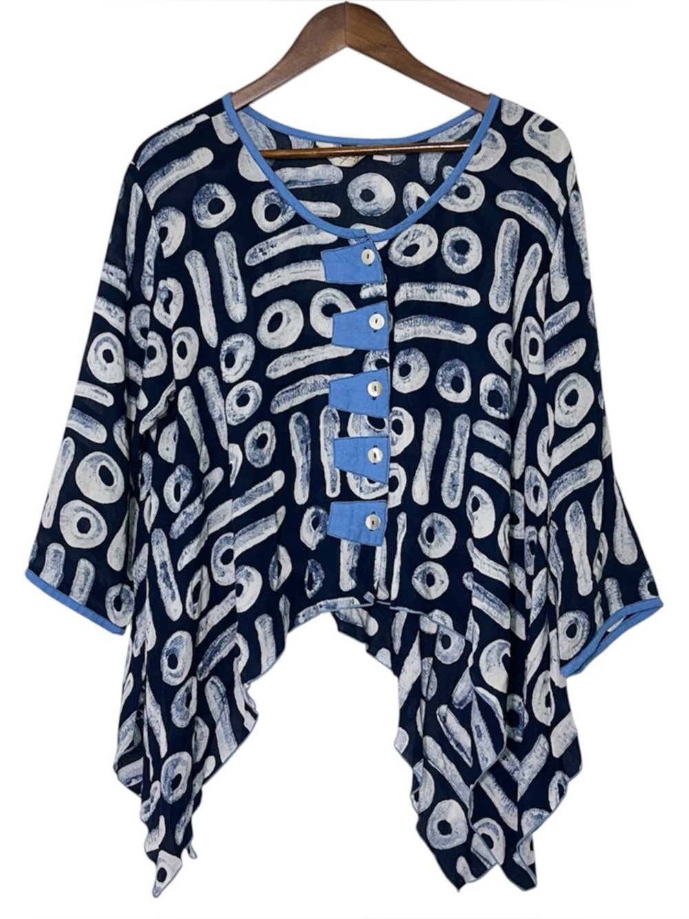 Lyng Designs Art to Wear Abstract Print Lagenlook Tunic Top Handkerchief Hem